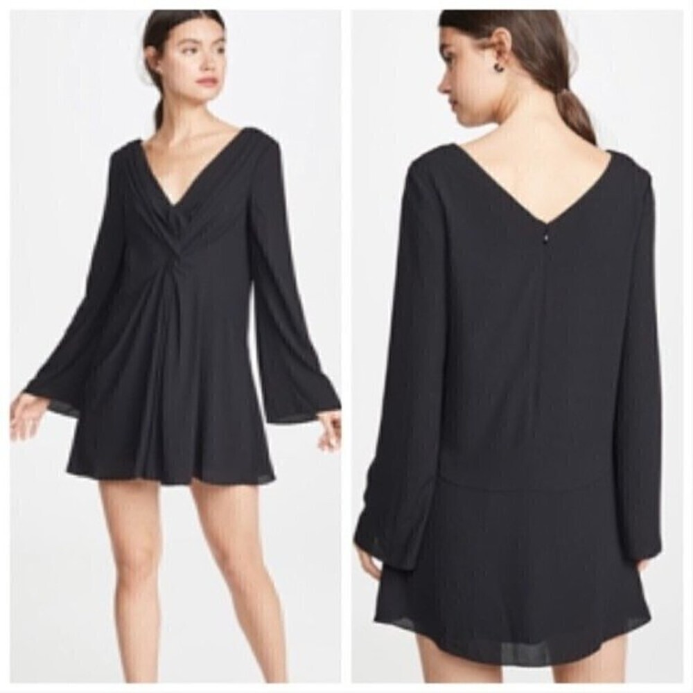 Cinq a Sept Black Cecil Knotted Crepe Flare Long Sleeve Mini Dress Size 2